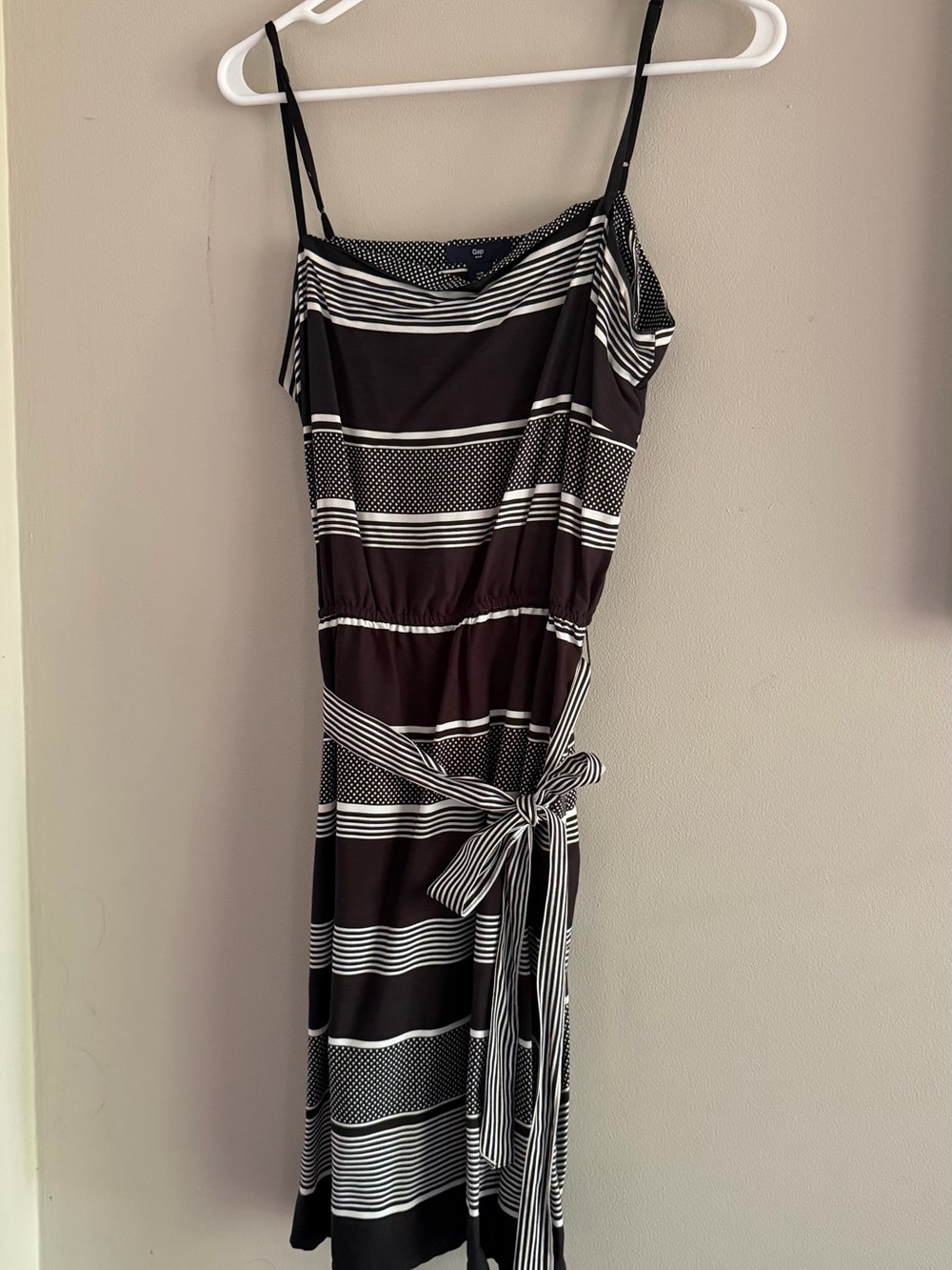 GAP Black and White Striped Midi Dress with Tie Waist